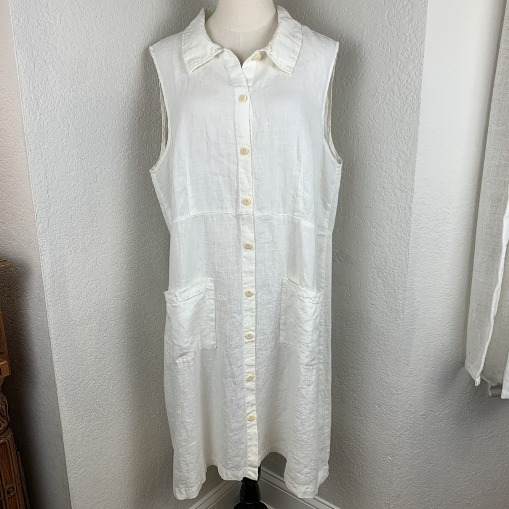 FLAX Linen Ivory Button Front Midi Knee Lagenlook Sleeveless Shirt Dress Sz L